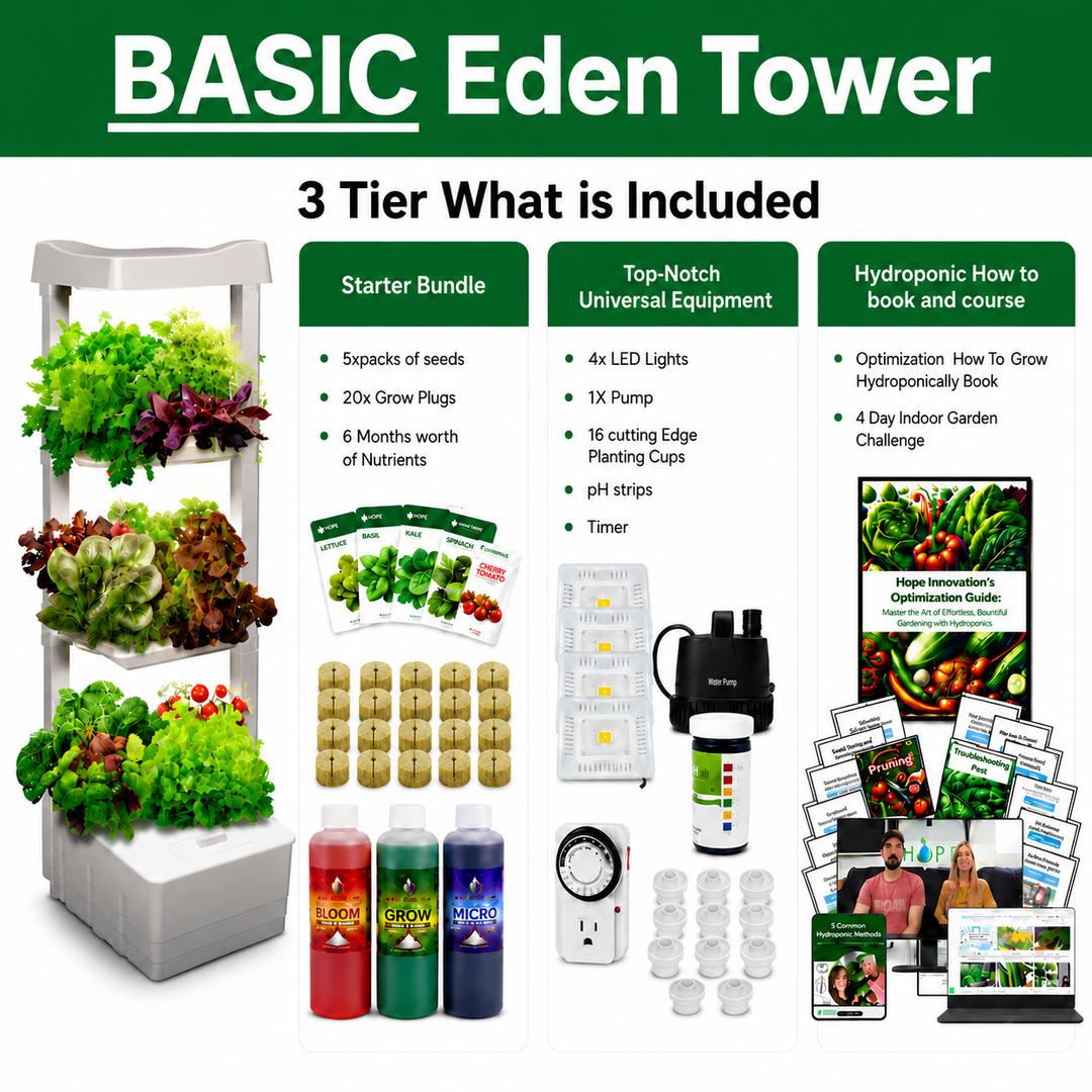 Here is a 3 teir basic hydroponic eden tower system and what is included, starter bundle, seeds, grow plugs, nutrients, all equipment, grow lights, pump, timer and help