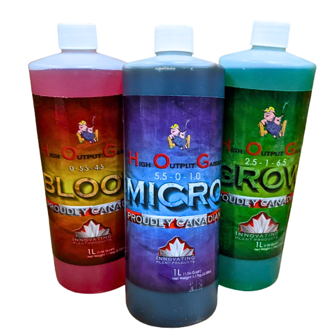 1 liter (each)3-part H.O.G. hydroponic nutrients for all plant growth stages, offering maximized control and growth