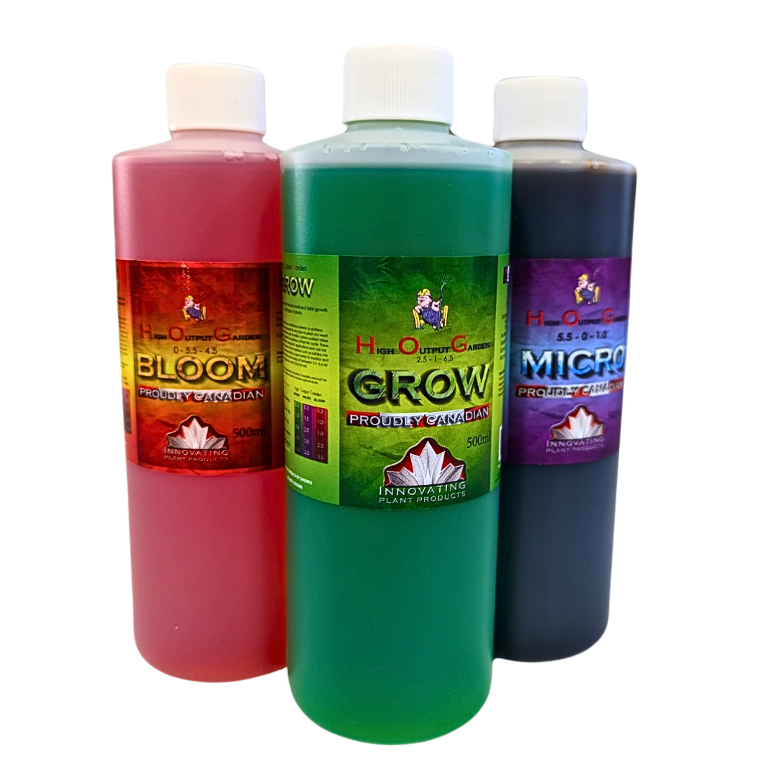 500ml (each) 3-part H.O.G. hydroponic nutrients for all plant growth stages, offering maximized control and growth