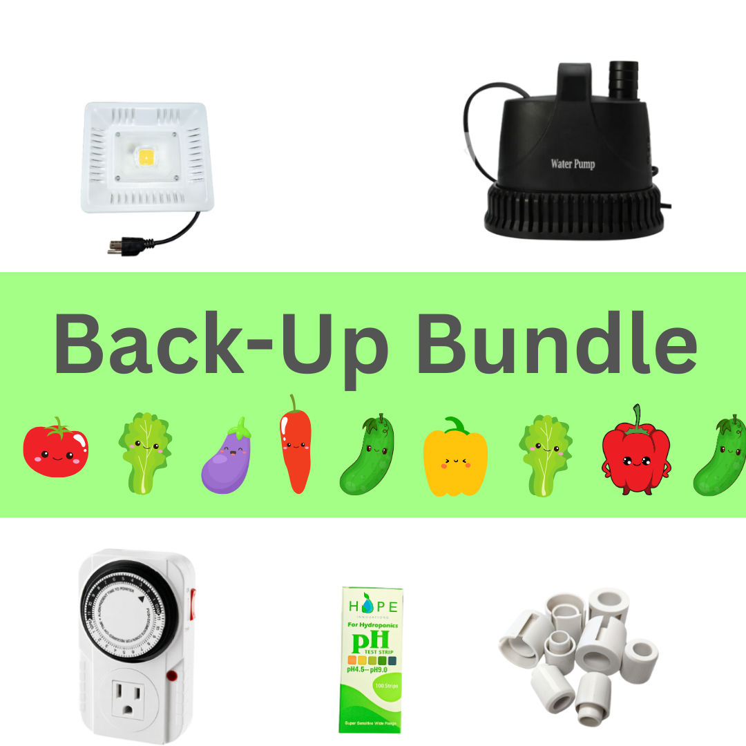 Backup bundle for Eden Tower vertical hydroponic system by Hope Innovations, includes pump, LED lights, timer, pH strips, and fittings.