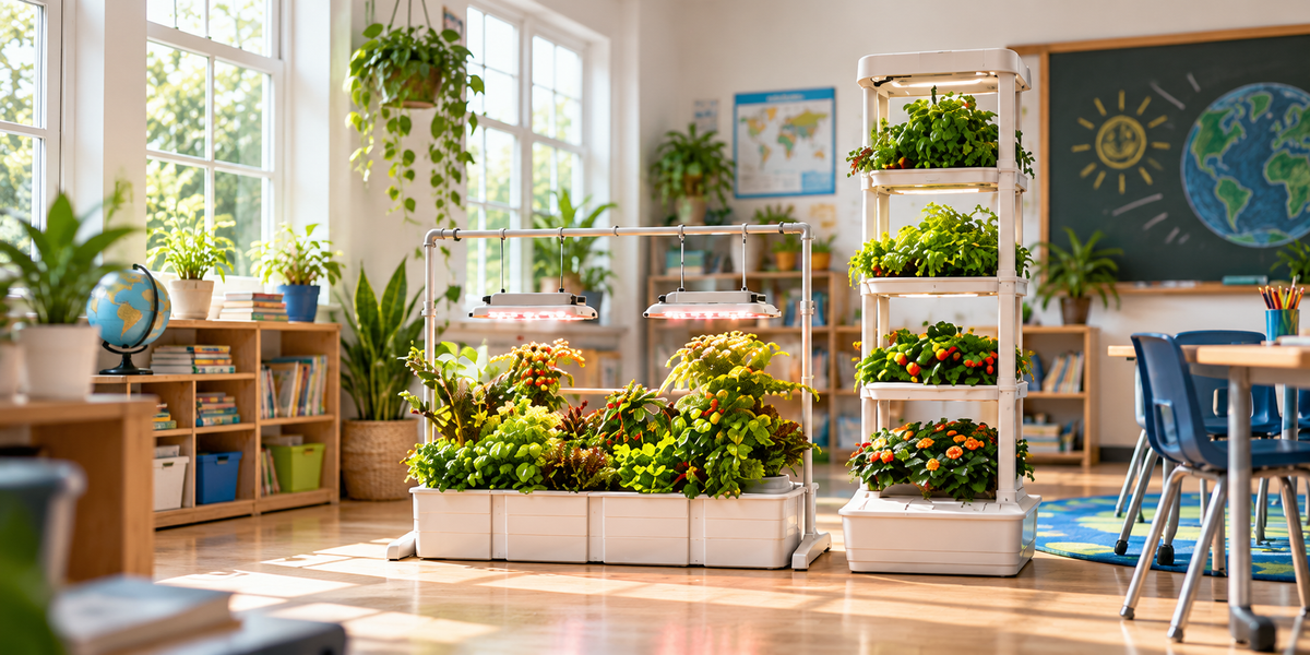 Eden Tower and Ohana hydroponics systems in a classroom growing lettuce, peppers, tomtos