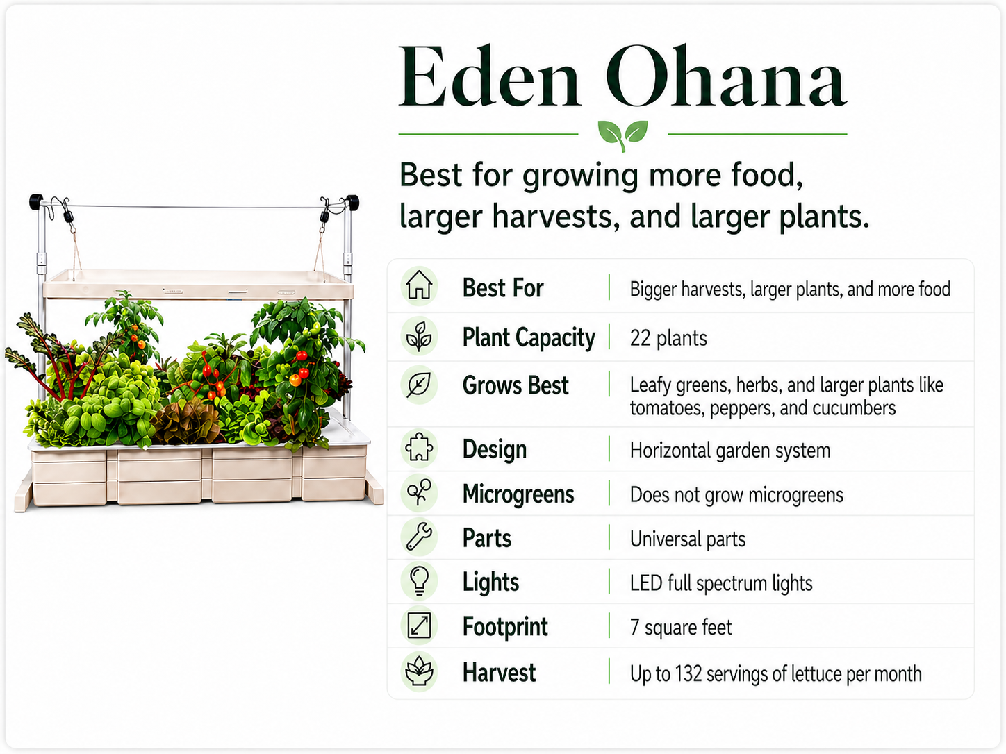 Eden Ohana Hydroponic System comparing features to the Eden Tower