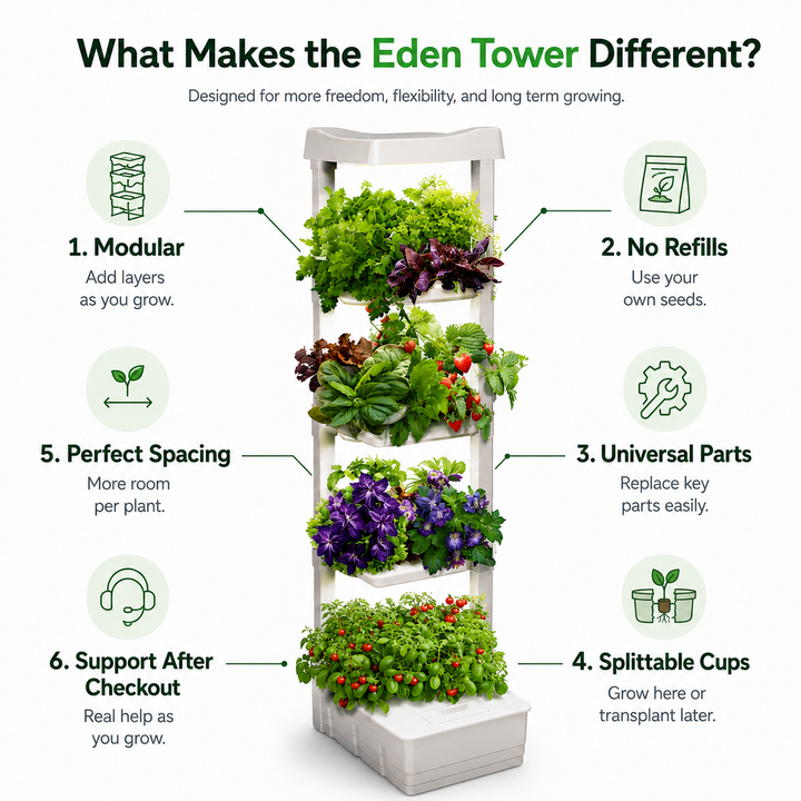 Eden Tower vertical garden with features listed on a white background