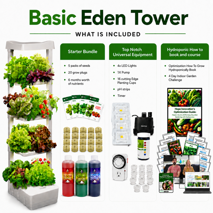 Basic Eden Tower indoor garden system by hope innovation showing everything that is included in the garden, all equipment, garden supply and support