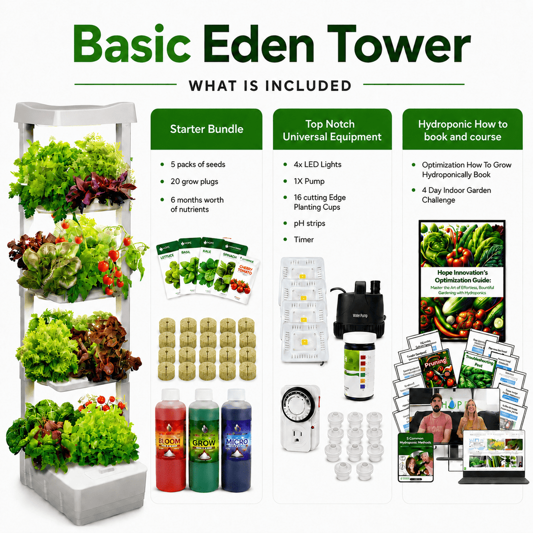 Basic Eden Tower what is included all growing supplies, equipment, lights, pumps and optimization guide and customer support