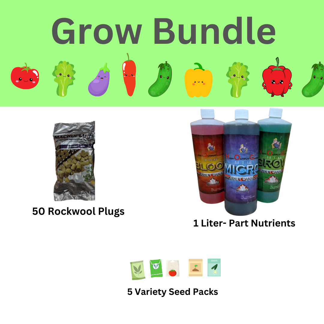 Grow bundle for hydroponic indoor gardening: includes 50 Rockwool grow plugs, 1 year's worth of nutrients, and a 5-variety seed pack.