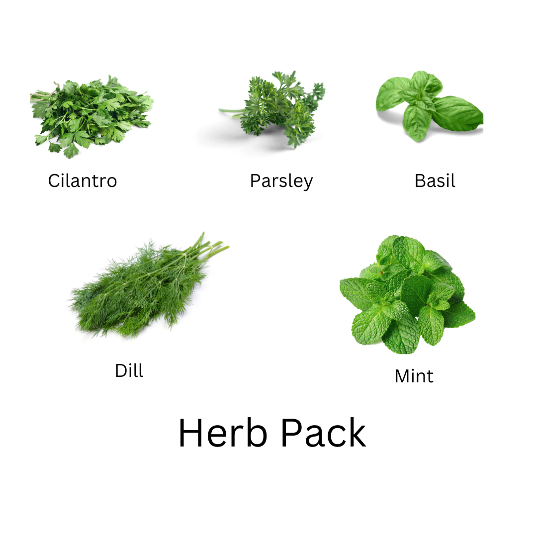 Herb pack includes dill, cilantro, parsley, basil and mint 