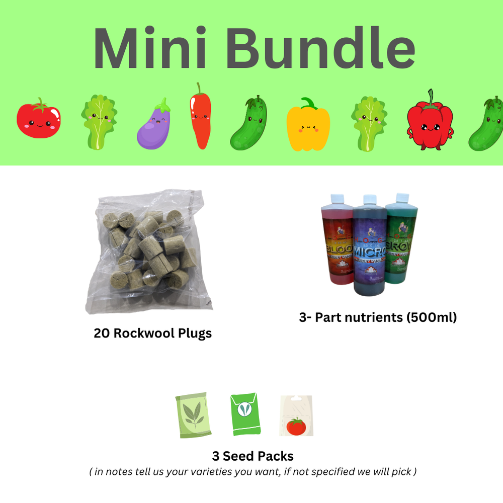 mini bundle inludes 20 rockwool grow plugs, 500ml 3 part nutrients and 3 seed packs