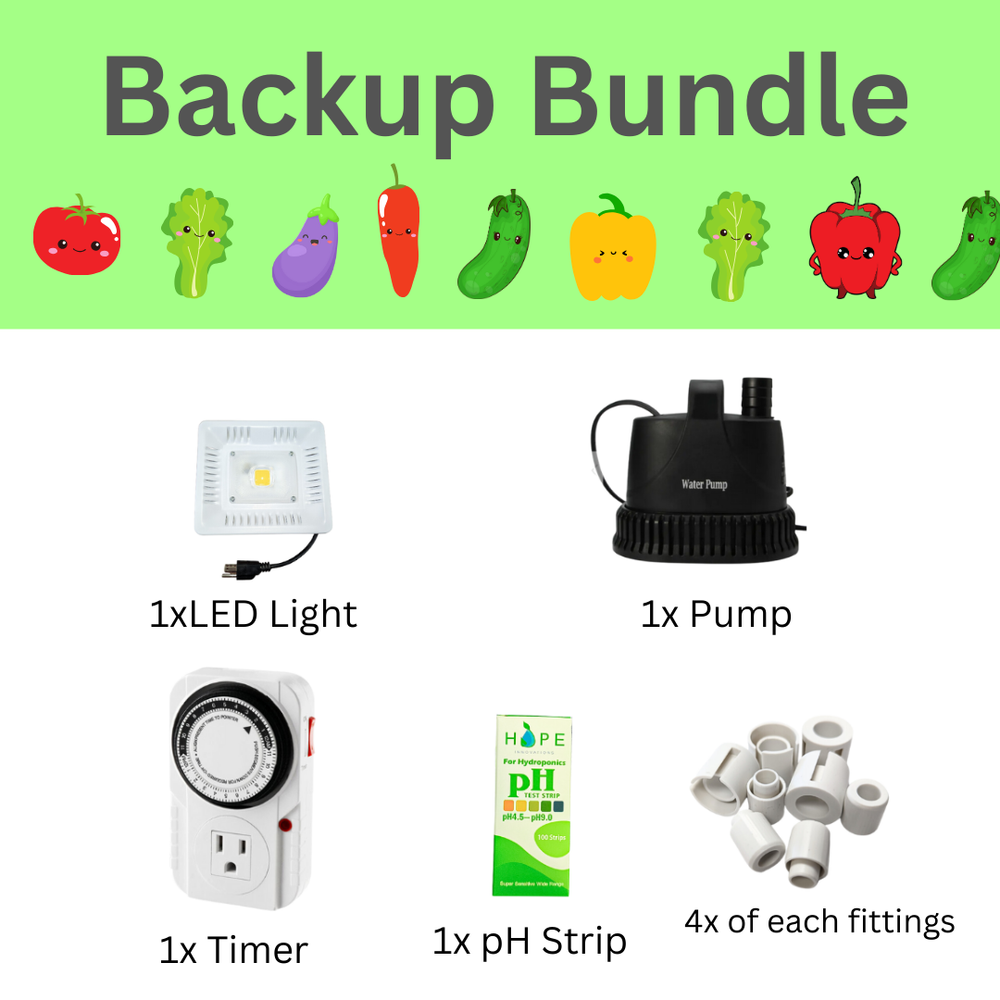 Backup bundle for Eden Tower by Hope Innovations showing parts includes pump, LED lights, timer, pH strips, and fittings