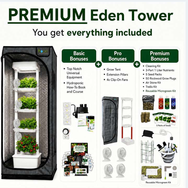 PREMIUM Eden Tower includes everything to optimize your hydroponic garden cleaning kit, and  all equipment and supplies